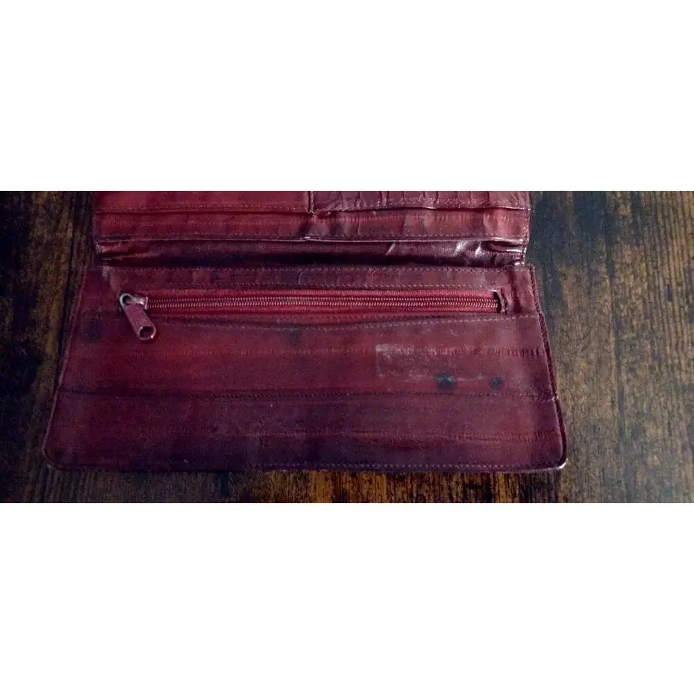 Joli Vintage Genuine Eel Skin Leather of the Sea Bifold Wallet Rich Burgundy Red